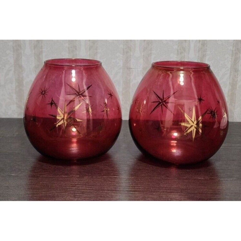 Bartlett Collins Atomic Star Cranberry Glass Vases Candle Holders 4.5" Set of 2